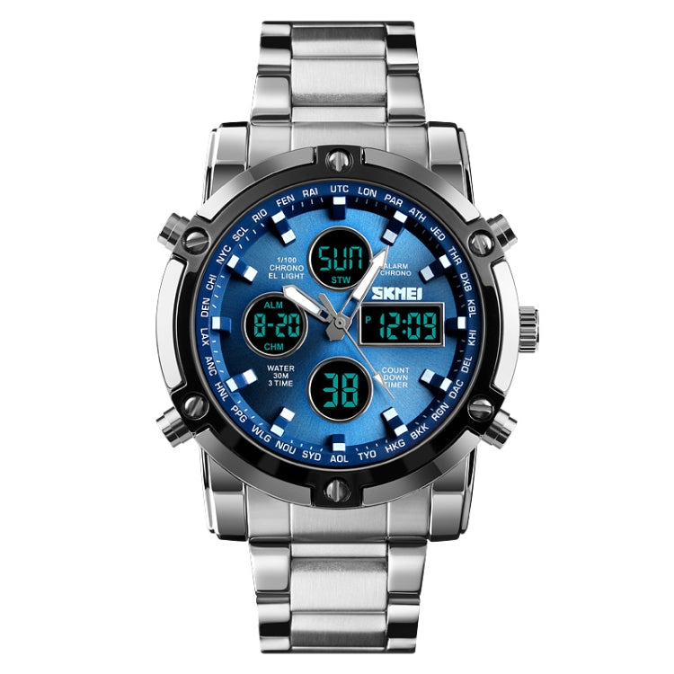 SKMEI 1389 Multifunctional Men Business Digital Watch 30m Waterproof Large Dial Wrist Watch with Stainless Steel Watchband , 1389 Black, 1389 Blue, 1389 Silver 1389 Blue Blue