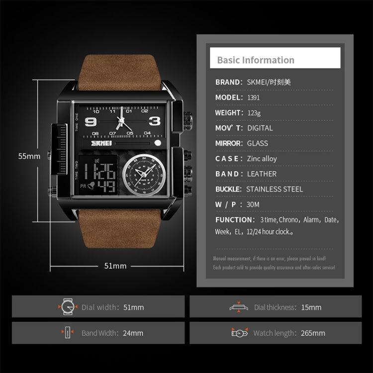 SKMEI 1391 Multifunctional Men Business Digital Watch 30m Waterproof Square Dial Wrist Watch with Leather Watchband