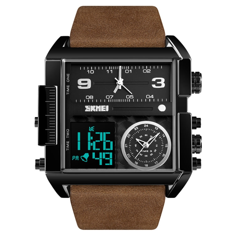SKMEI 1391 Multifunctional Men Business Digital Watch 30m Waterproof Square Dial Wrist Watch with Leather Watchband Black+Coffee