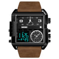 SKMEI 1391 Multifunctional Men Business Digital Watch 30m Waterproof Square Dial Wrist Watch with Leather Watchband Black+Coffee