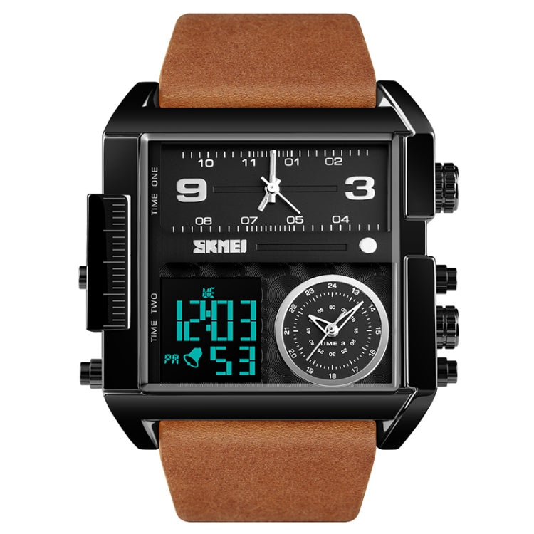 SKMEI 1391 Multifunctional Men Business Digital Watch 30m Waterproof Square Dial Wrist Watch with Leather Watchband Black Brown
