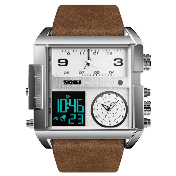 SKMEI 1391 Multifunctional Men Business Digital Watch 30m Waterproof Square Dial Wrist Watch with Leather Watchband Silver+Coffee