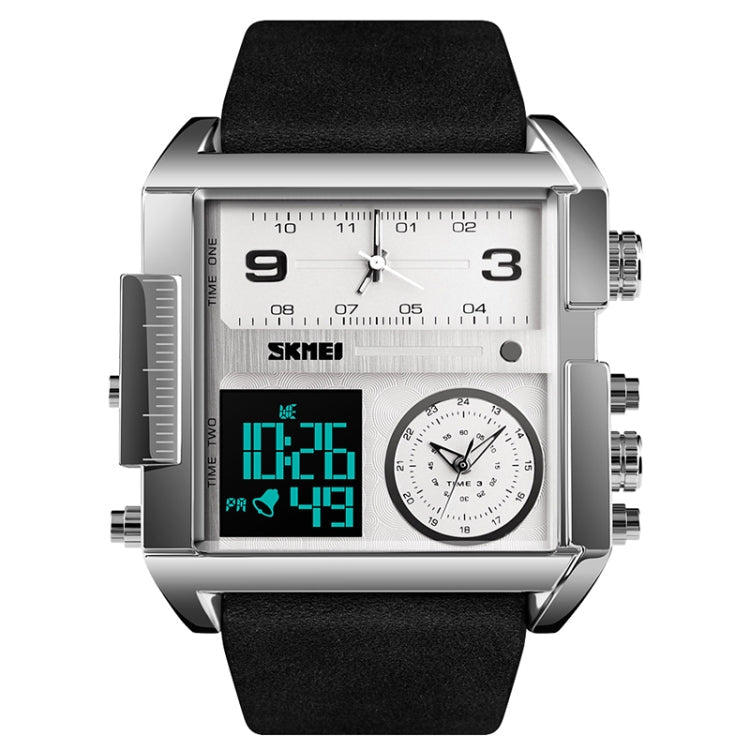 SKMEI 1391 Multifunctional Men Business Digital Watch 30m Waterproof Square Dial Wrist Watch with Leather Watchband Silver+Black