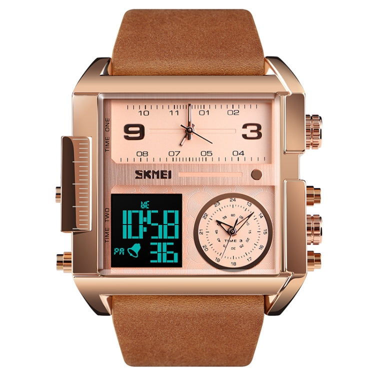 SKMEI 1391 Multifunctional Men Business Digital Watch 30m Waterproof Square Dial Wrist Watch with Leather Watchband Brown