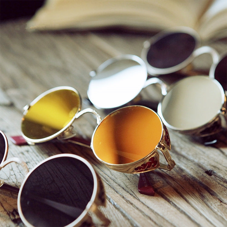 Retro Carved Round Sunglasses, Sunglasses#Tyrant gold box gold, Sunglasses#Gold frame gray sheet, Sunglasses#Gold frame red film, Sunglasses#silver frame ice blue, Sunglasses#silver frame gray sheet, Sunglasses#silver frame white mercury               ...