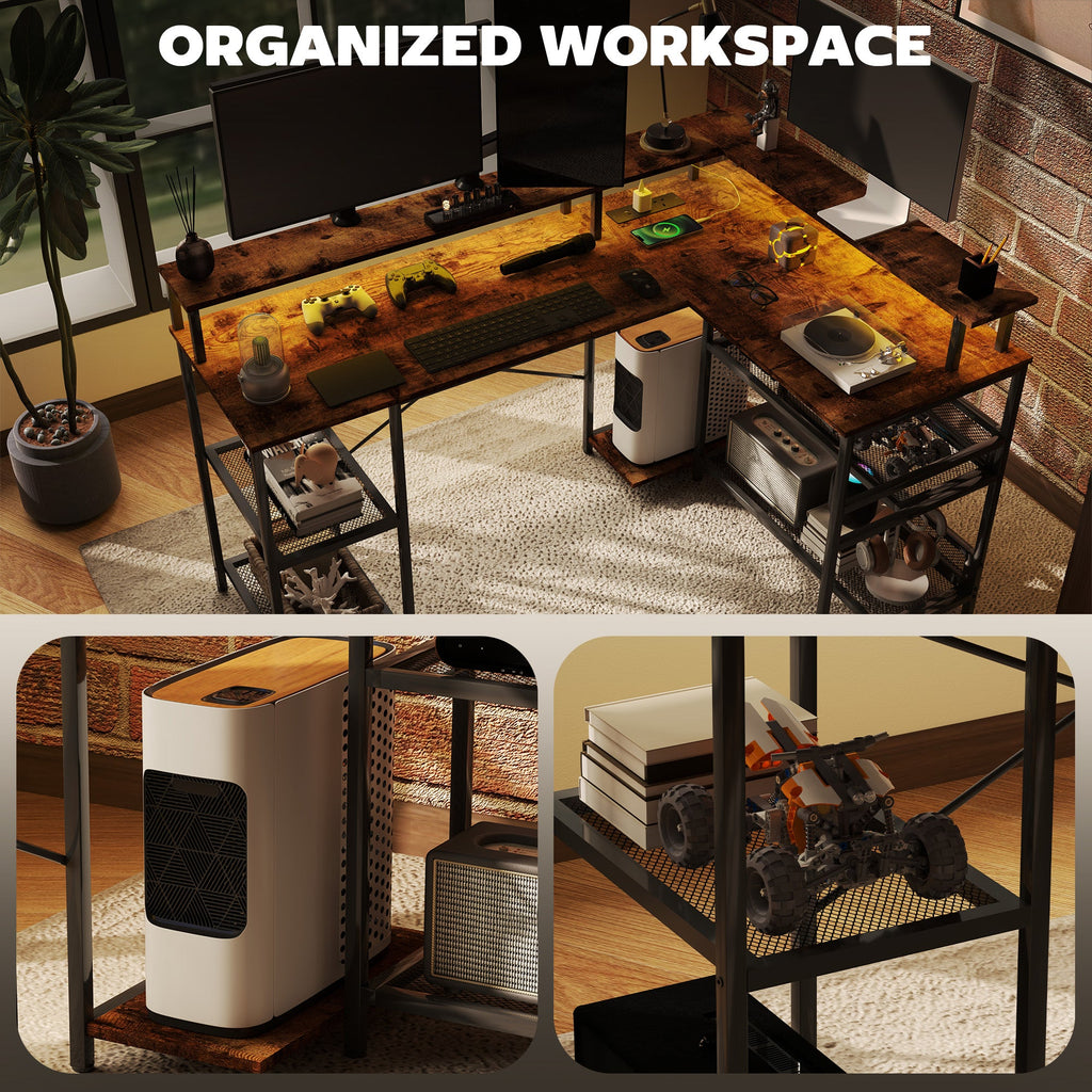 L Shaped Gaming Desk with LED Lights and Power Outlets, 150cm Corner Computer Desk with Monitor Stand and Storage Shelves, Home Office Desk for Small Space, Rustic Brown