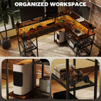 L Shaped Gaming Desk with LED Lights and Power Outlets, 150cm Corner Computer Desk with Monitor Stand and Storage Shelves, Home Office Desk for Small Space, Rustic Brown