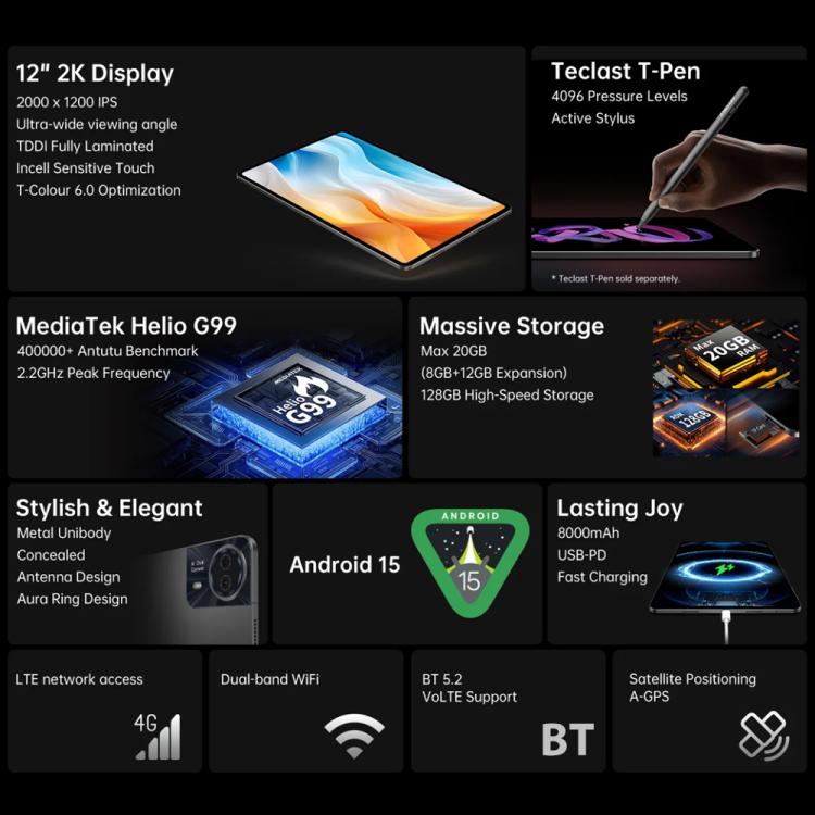 Teclast T60 Pro 4G LTE Tablet PC, 8GB+128GB, 12 inch Android 15 MediaTek Helio G99 Octa Core, Support Dual SIM, T60 Pro – Durable Build, Easy to Use