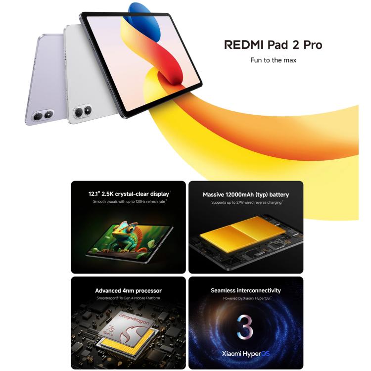 REDMI Pad 2 Pro 12.1 inch Soft Light Screen Tablet PC, 8GB+256GB, HyperOS 3, Snapdragon 7s Gen4 Octa Core CPU, 12GB+256GB Soft Light – Magnetic, Bluetooth