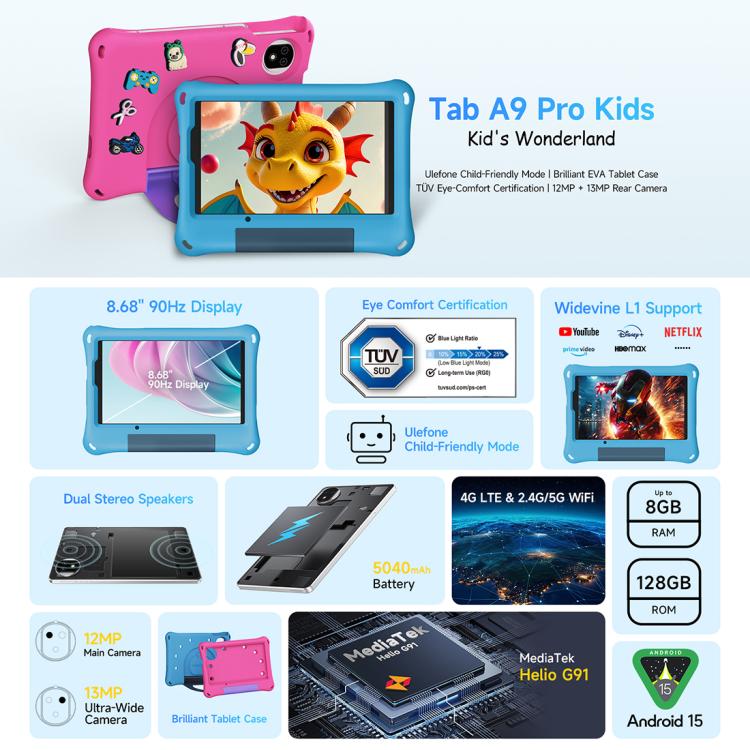 Ulefone Tab A10 Pro Kids Tablet PC, 6GB+128GB, 8.68 inch Android 15 MediaTek Helio G91 Octa Core 4G Network, EU Plug – Bluetooth, Tempered Glass, Screen Protector
