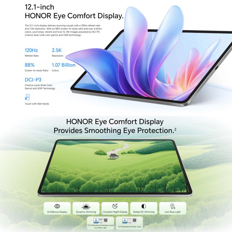 Honor Pad 10 Soft Light Screen WiFi Tablet PC, 12.1 inch 12GB+256GB MagicOS 9.0 Qualcomm Snapdragon 7 Gen3 Octa Core, 12GB+256GB Soft Light Screen