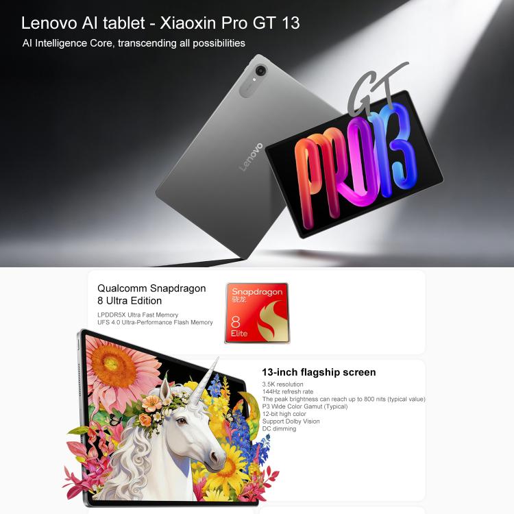 Lenovo Xiaoxin Pad Pro GT13, 13 inch 3.5K AI Learning Tablet WiFi, 12GB+256GB, Android 16, Snapdragon 8 Elite, US Plug, 12GB+256GB – Durable Build, Easy to Use