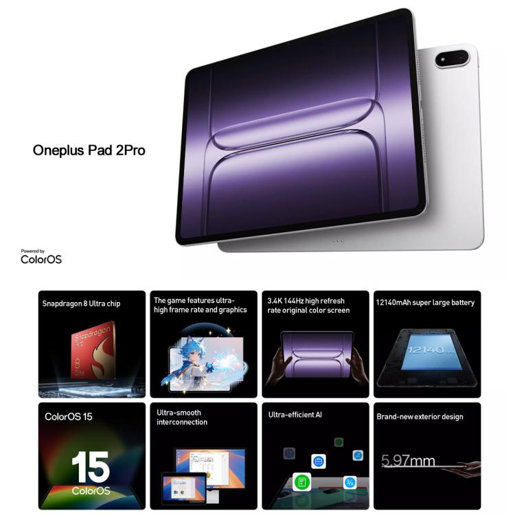 OnePlus Pad 2 Pro 13.2 inch WiFi Tablet PC, 16GB+512GB ColorOS 15.0 Qualcomm Snapdragon 8 Ultra Octa Core CPU, 16GB+512GB