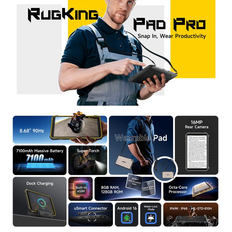 Ulefone Rugking Pad Pro Rugged Tablet PC, 8GB+128GB, 8.68 inch Android 16 Unisoc T7250 Octa Core 4G Network, EU Plug – Magnetic, Card Slot, Bluetooth