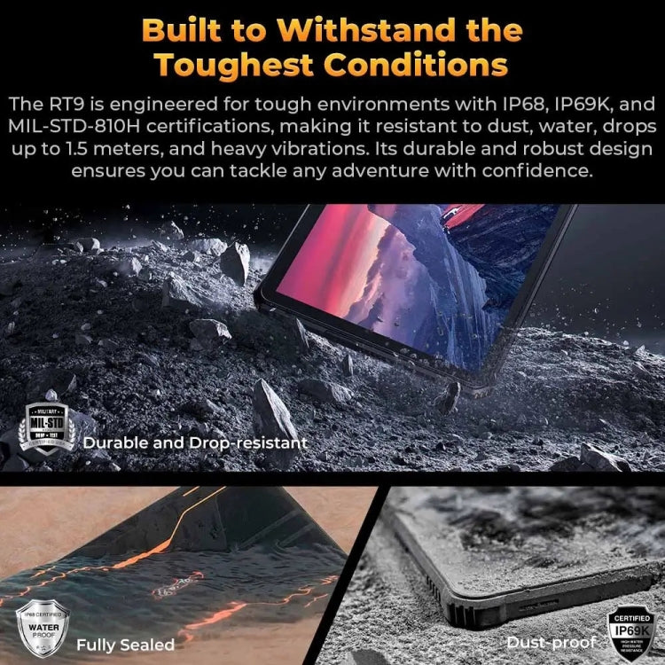 OUKITEL RT9 4G Network IP68/IP69K Rugged Tablet, 6GB+256GB, 11 inch Android 14 Unisoc T606 Octa-Core Support Dual SIM, EU Plug, RT9 6GB+256GB – Bluetooth