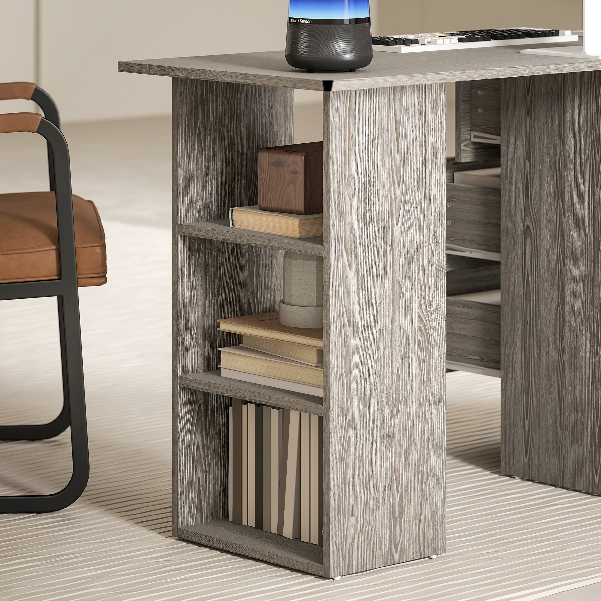 Computer Desk, Writing Table, PC Workstation with 3 Storage Shelves and Drawers, Silver Handle, for Home Office, Grey