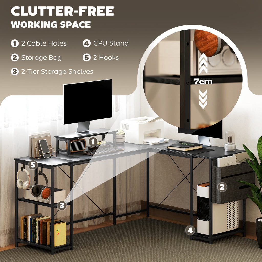 168cm Reversible L Shaped Desk, Industrial Corner Computer Desk with Adjustable Shelf and Storage Bag, 240cm 2 Person Desk with Monitor Stand, Black
