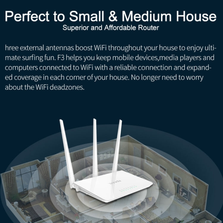 Tenda F3 Wireless 2.4GHz 300Mbps WiFi Router with 3*5dBi External Antennas, F3 – Durable Build, Easy to Use