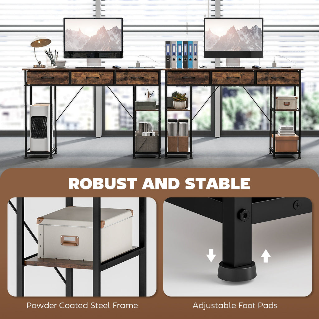 120cm Computer Desk with Power Outlets, Office Desk Study Table with 3 Fabric Drawers and 4 Storage Shelves, Rustic Brown