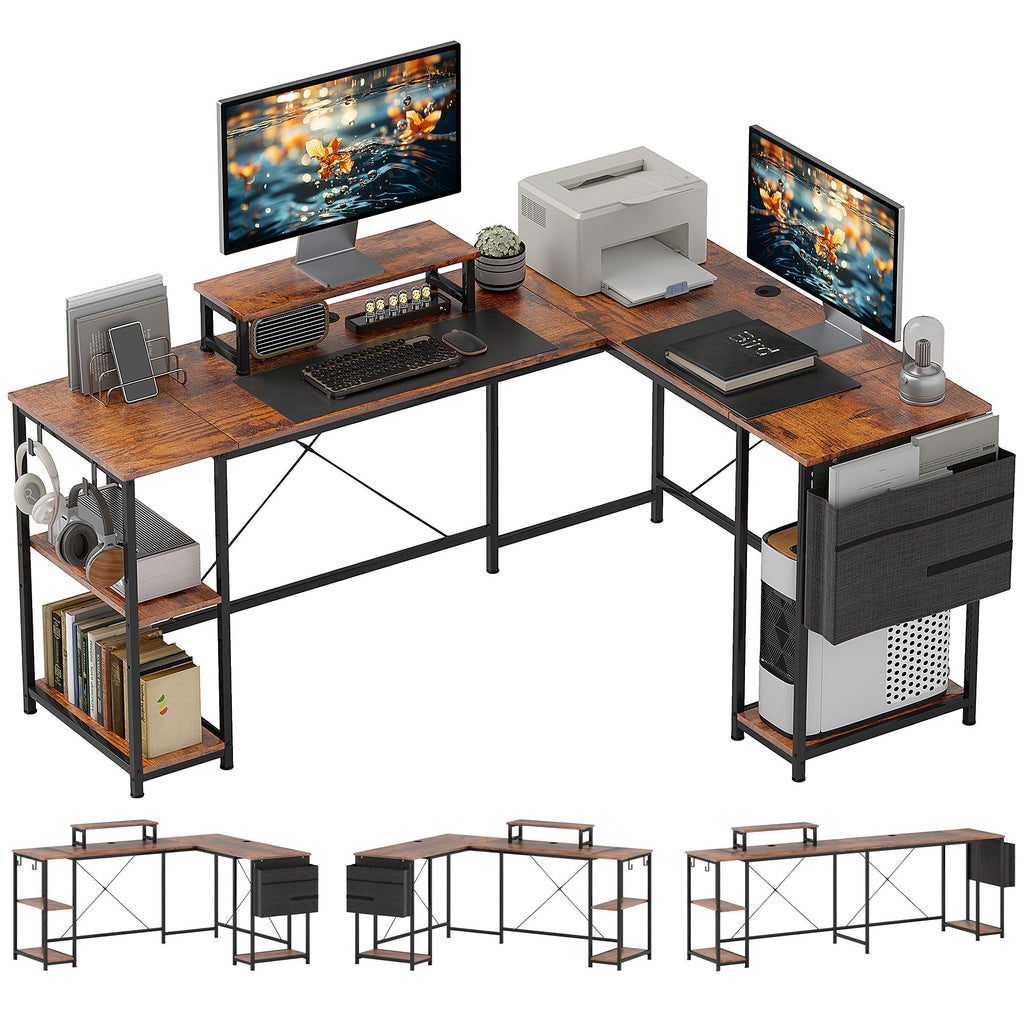 168cm Reversible L Shaped Desk, Industrial Corner Computer Desk with Adjustable Shelf and Storage Bag, 240cm 2 Person Desk with Monitor Stand, Rustic Brown Rustic Brown