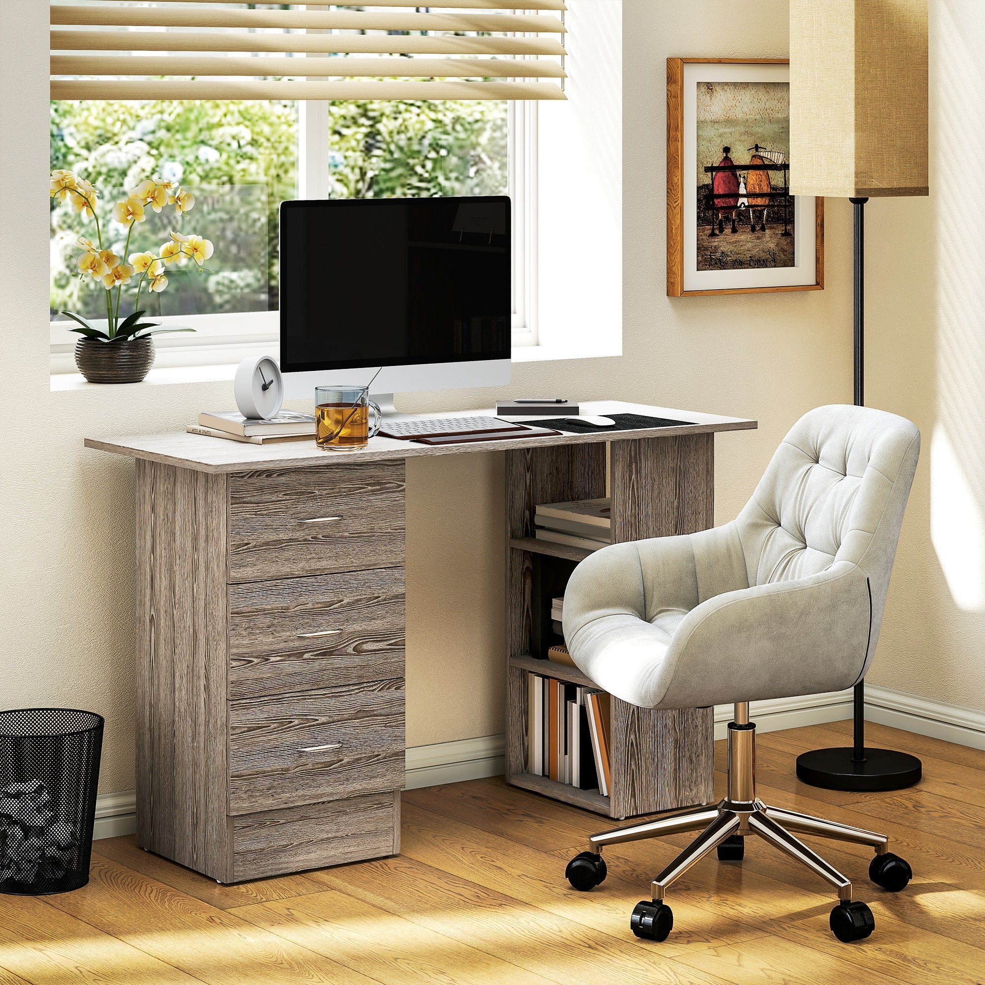 Computer Desk, Writing Table, PC Workstation with 3 Storage Shelves and Drawers, Silver Handle, for Home Office, Grey Grey