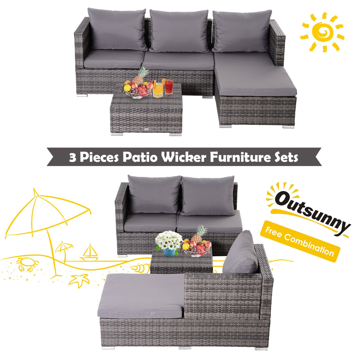 Rattan Garden Sofa Set Storage Table Wicker Patio Lounger 4-Seater Grey
