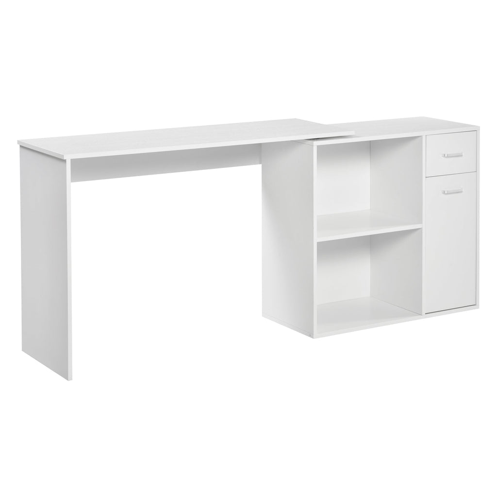 L-Shaped Desk, Corner Computer Desk, Adjustable Study Table with Storage Shelf, Drawer and Cabinet, Workstation for Home Office, White Wood Grain