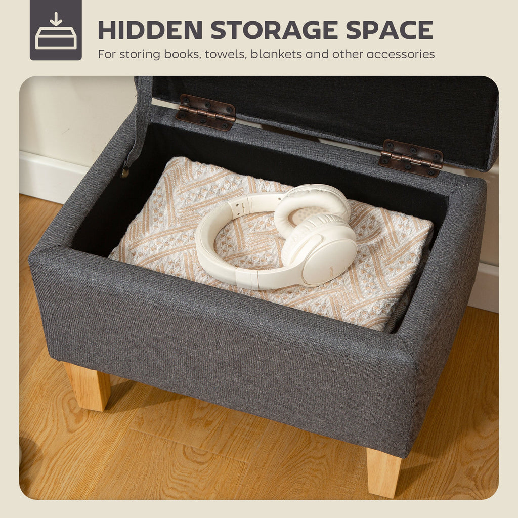 16L Linen Storage Ottoman Padded Footstool with Rubberwood Legs, Charcoal Grey