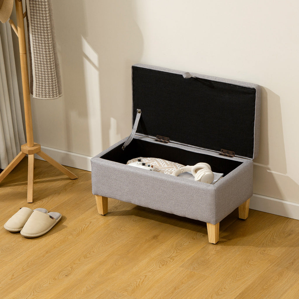 30L Linen Storage Ottoman Padded Footstool with Rubberwood Legs, Light Grey