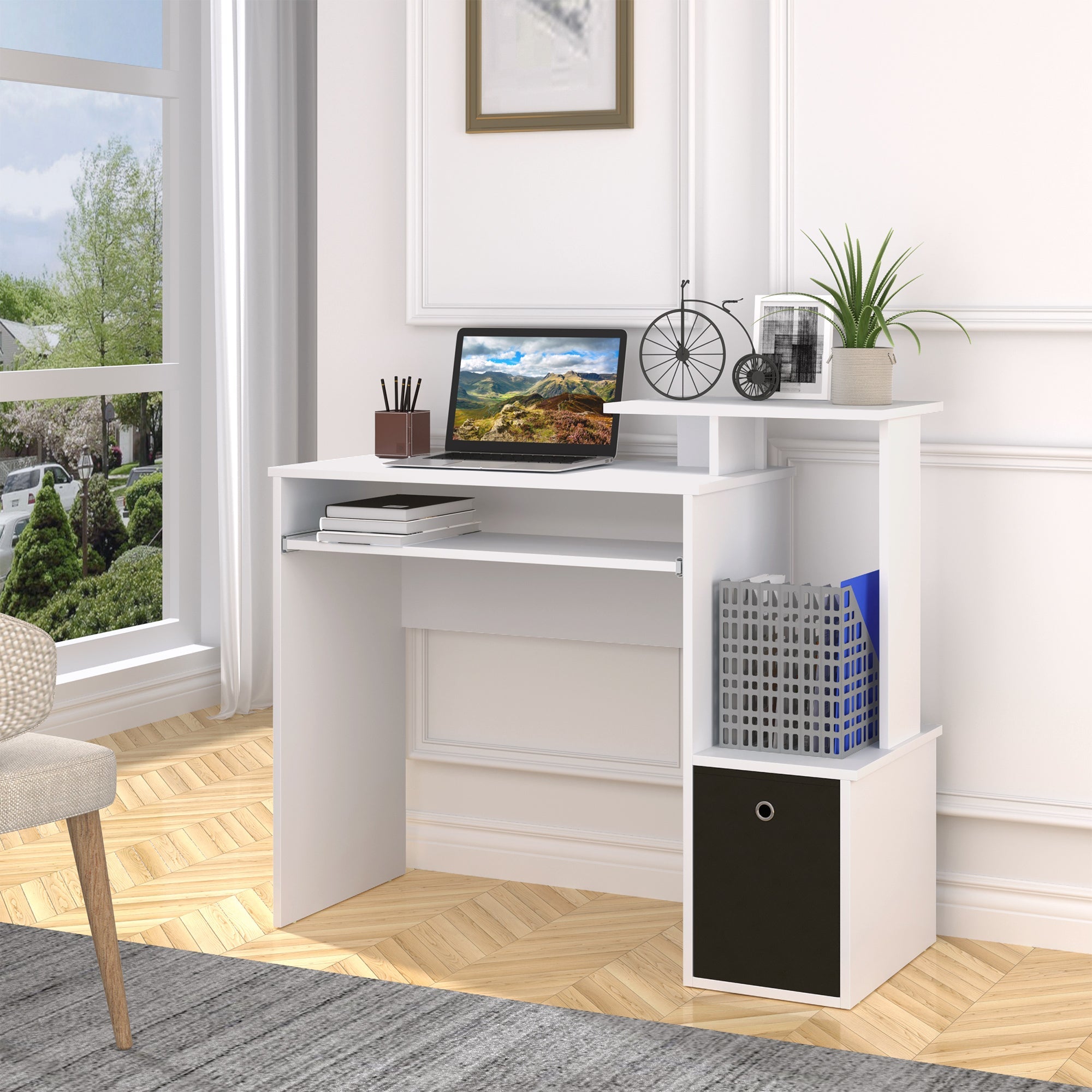Computer Desk with Sliding Keyboard Tray, Storage Drawer and Shelf, Home Office Workstation, White