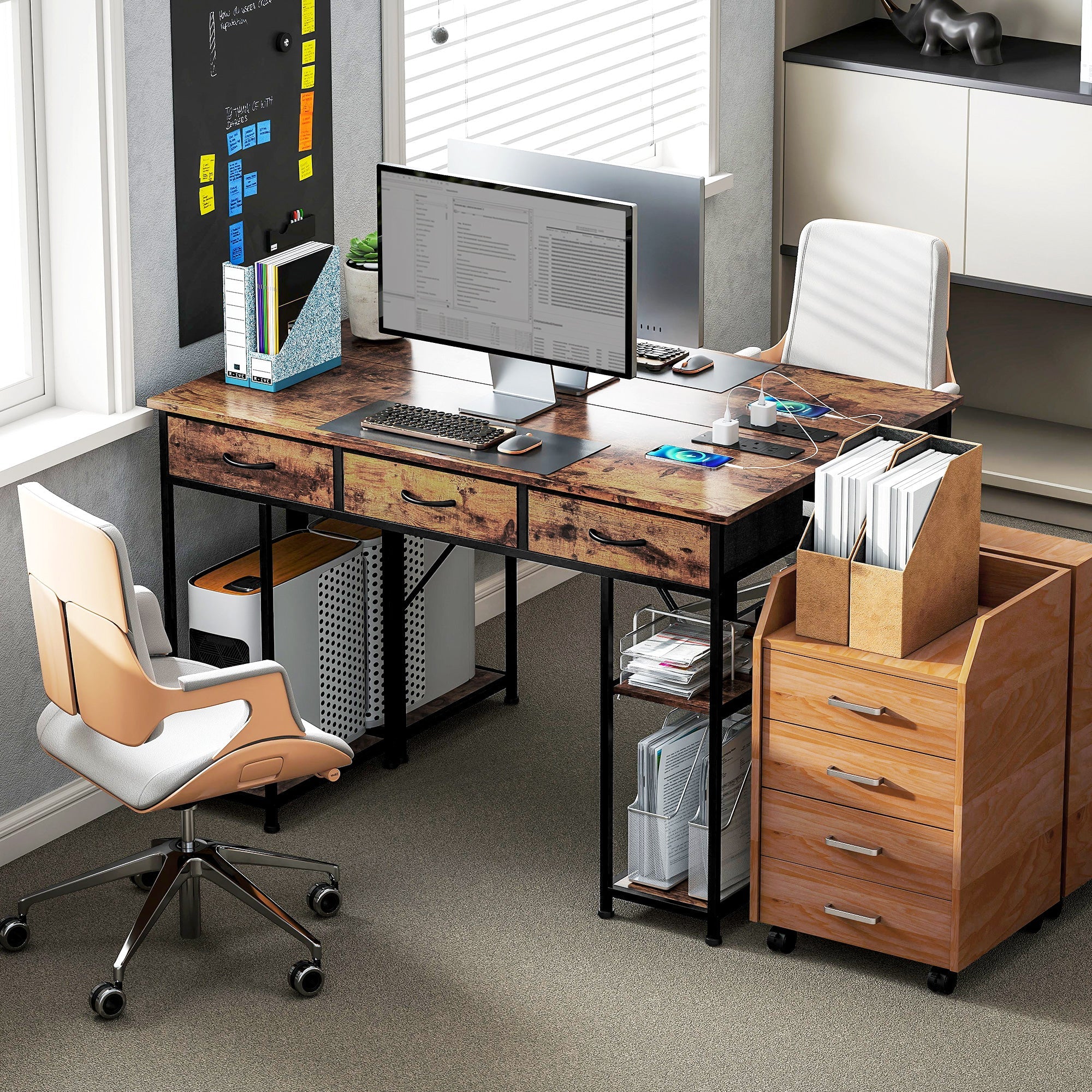 120cm Computer Desk with Power Outlets, Office Desk Study Table with 3 Fabric Drawers and 4 Storage Shelves, Rustic Brown
