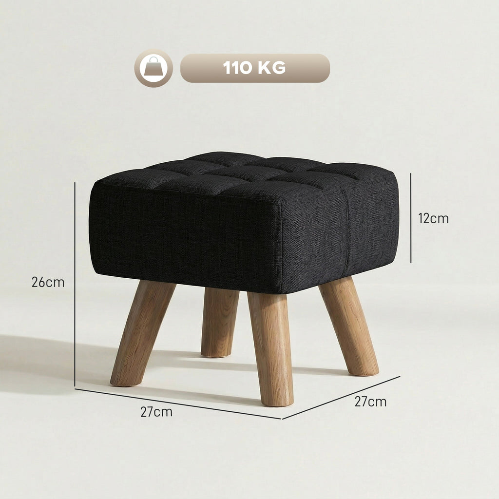 Linen-Look Square Padded Footstool - Black