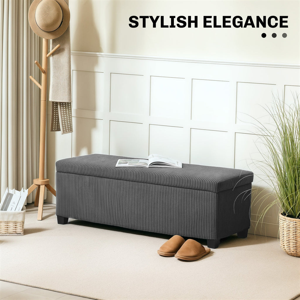 Storage Ottoman Bench, Corduroy Footstool with Removable Lid and Legs, 112cm, Grey