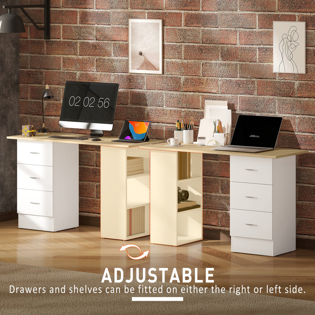 Computer Desk, Writing Table, PC Workstation with 3 Storage Shelves and Drawers, Silver Handle, for Home Office, Natural Wood Finish and White
