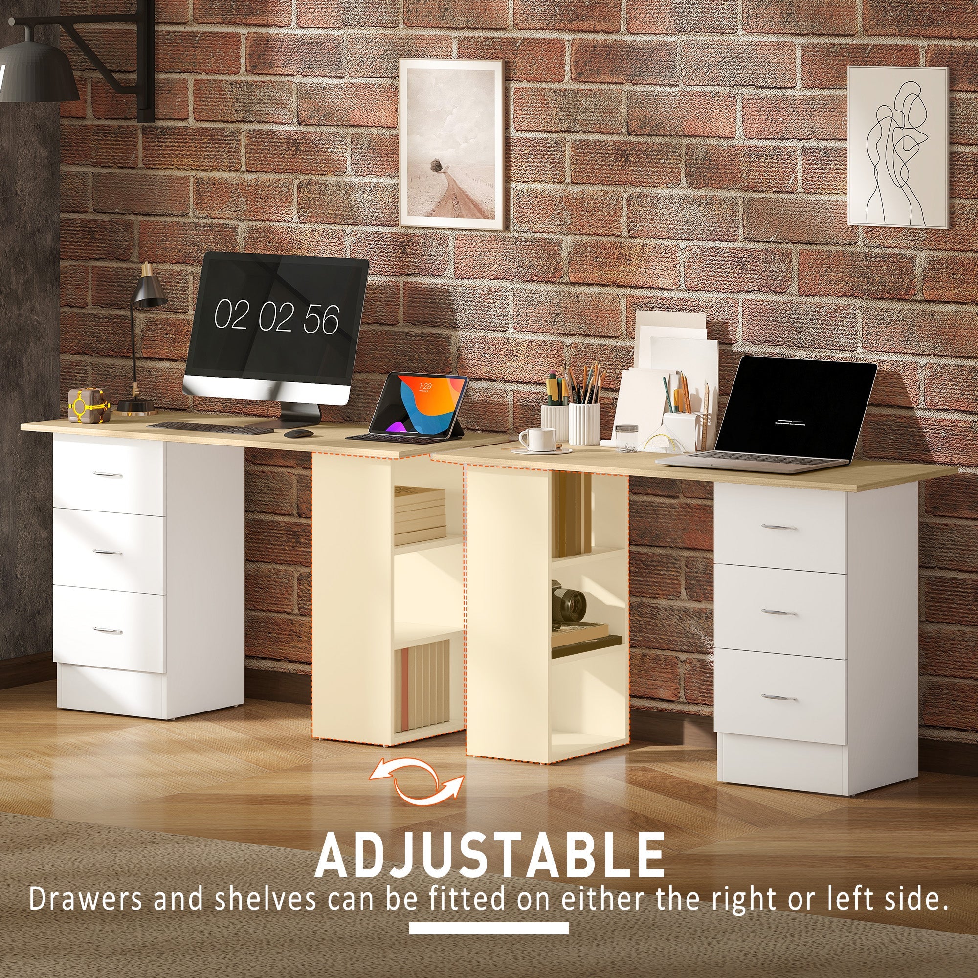 Computer Desk, Writing Table, PC Workstation with 3 Storage Shelves and Drawers, Silver Handle, for Home Office, Natural Wood Finish and White