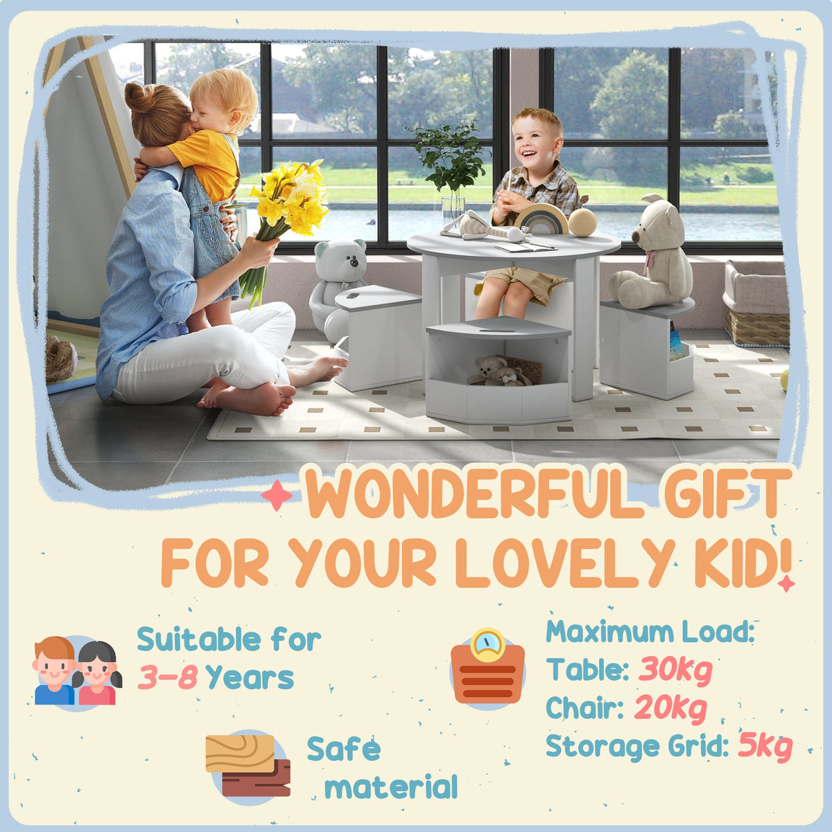 5-Piece Kids Table and Chairs Set w/ Storage for 3-8 Years Old-Grey