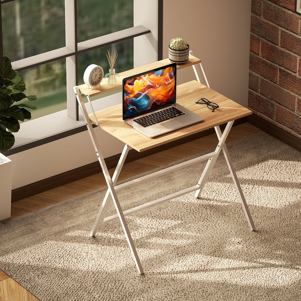 Folding Computer Desk with Monitor Shelf - Natural Wood Finish 81.5 cm
