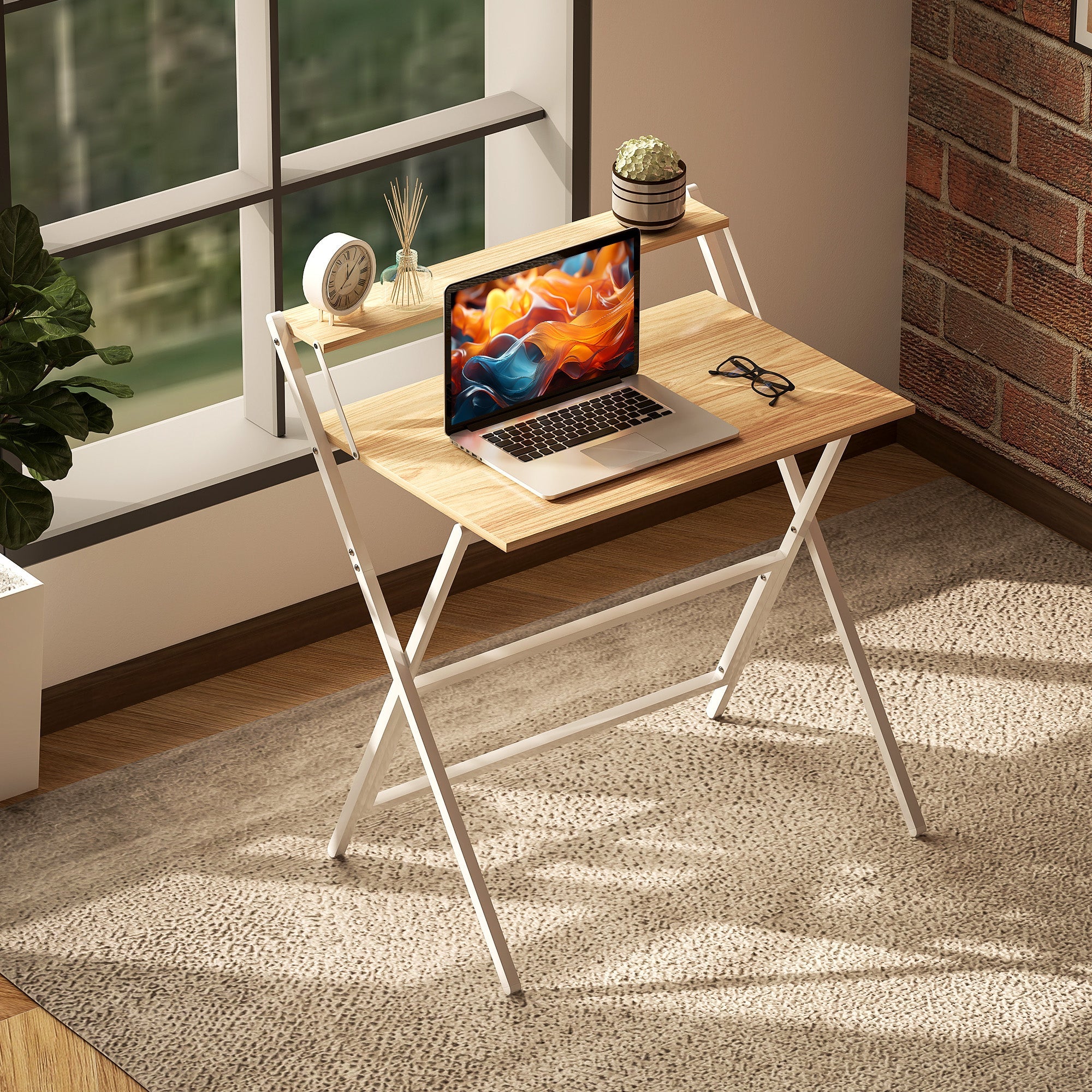 Folding Computer Desk with Monitor Shelf - Natural Wood Finish 81.5 cm