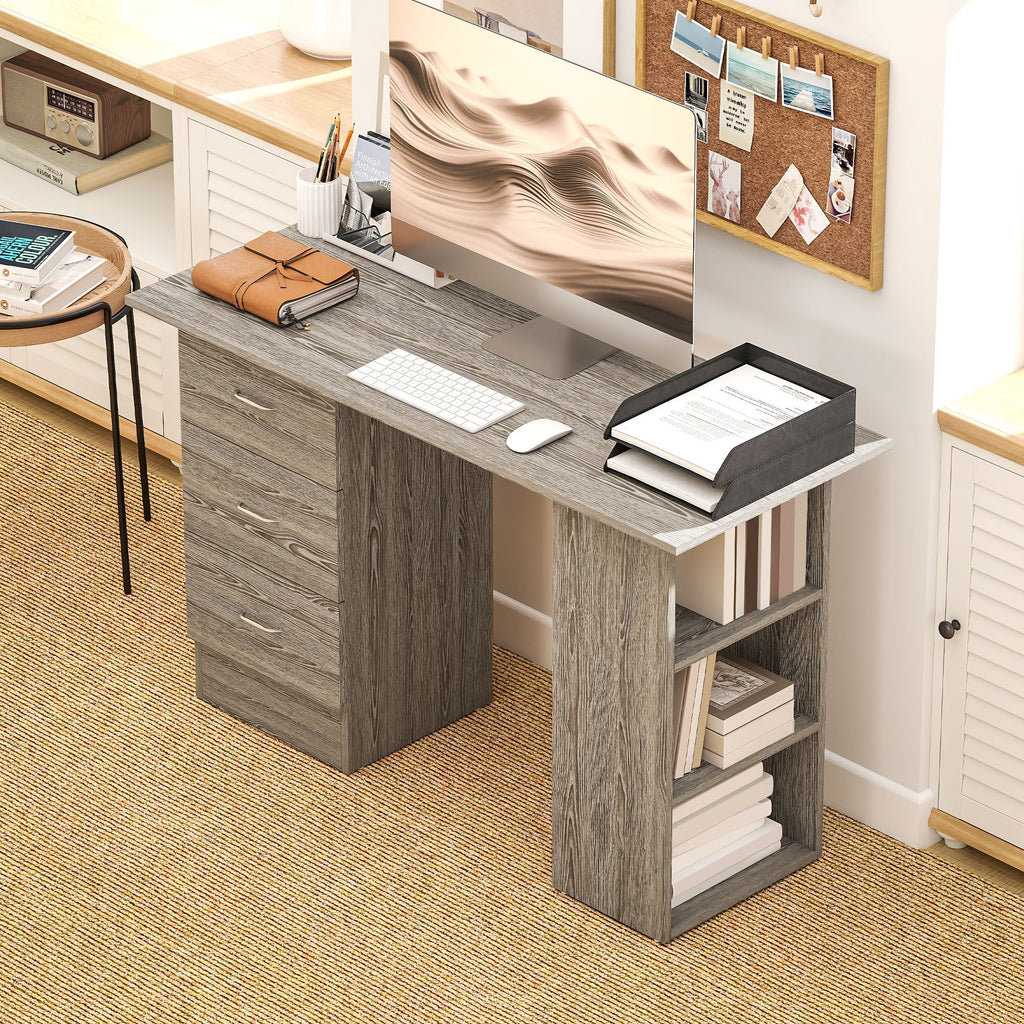 Computer Desk, Writing Table, PC Workstation with 3 Storage Shelves and Drawers, Silver Handle, for Home Office, Grey