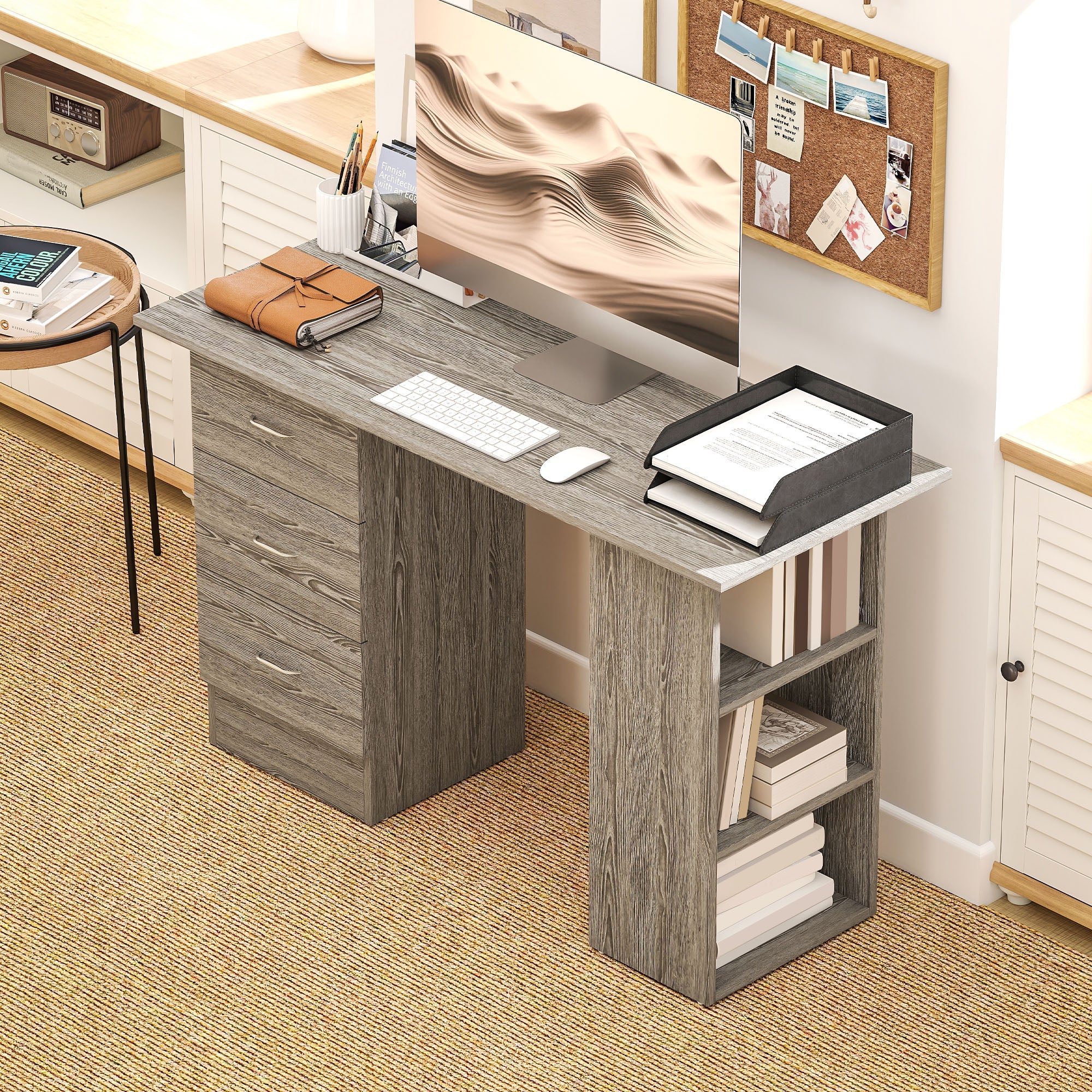 Computer Desk, Writing Table, PC Workstation with 3 Storage Shelves and Drawers, Silver Handle, for Home Office, Grey