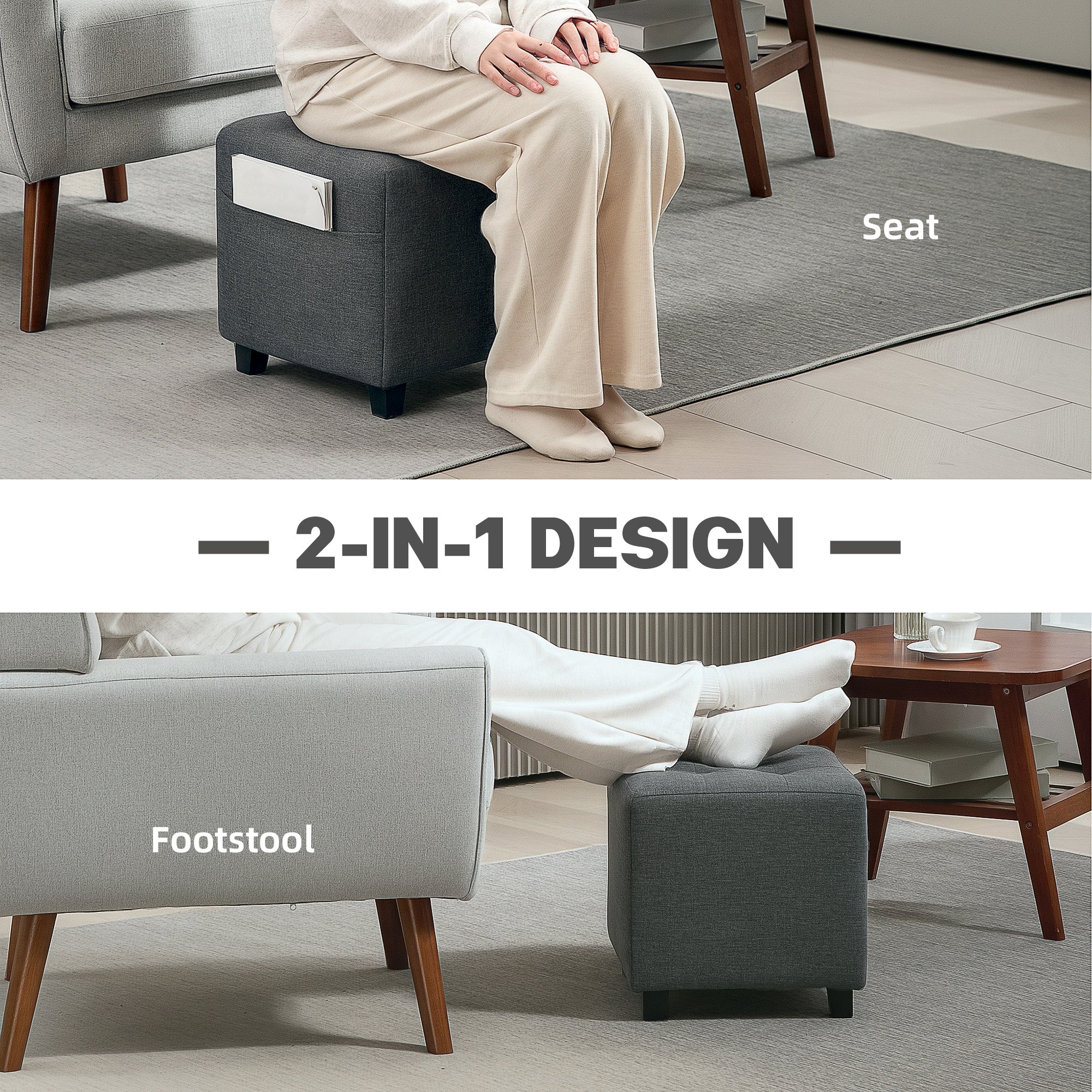 Square Footstool, Small Ottoman with Side Pocket, Linen Fabric Footrest with Rubber Wood Legs and Padded Seat for Living Room, Bedroom, Entryway, 35 x 35 x 35cm, Grey