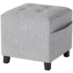 Square Footstool, Small Ottoman with Side Pocket, Linen Fabric Footrest with Rubber Wood Legs and Padded Seat, Light Grey