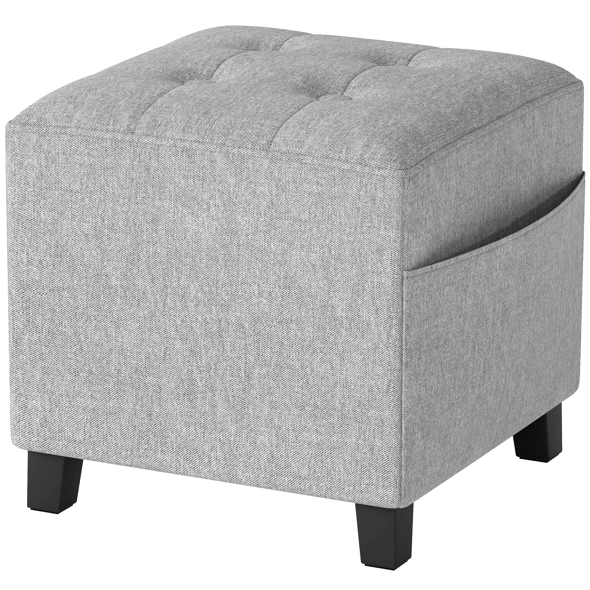 Square Footstool, Small Ottoman with Side Pocket, Linen Fabric Footrest with Rubber Wood Legs and Padded Seat, Light Grey