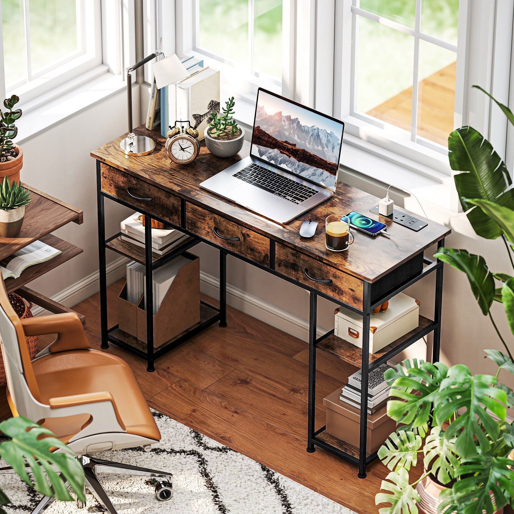 120cm Computer Desk with Power Outlets, Office Desk Study Table with 3 Fabric Drawers and 4 Storage Shelves, Rustic Brown Rustic Brown