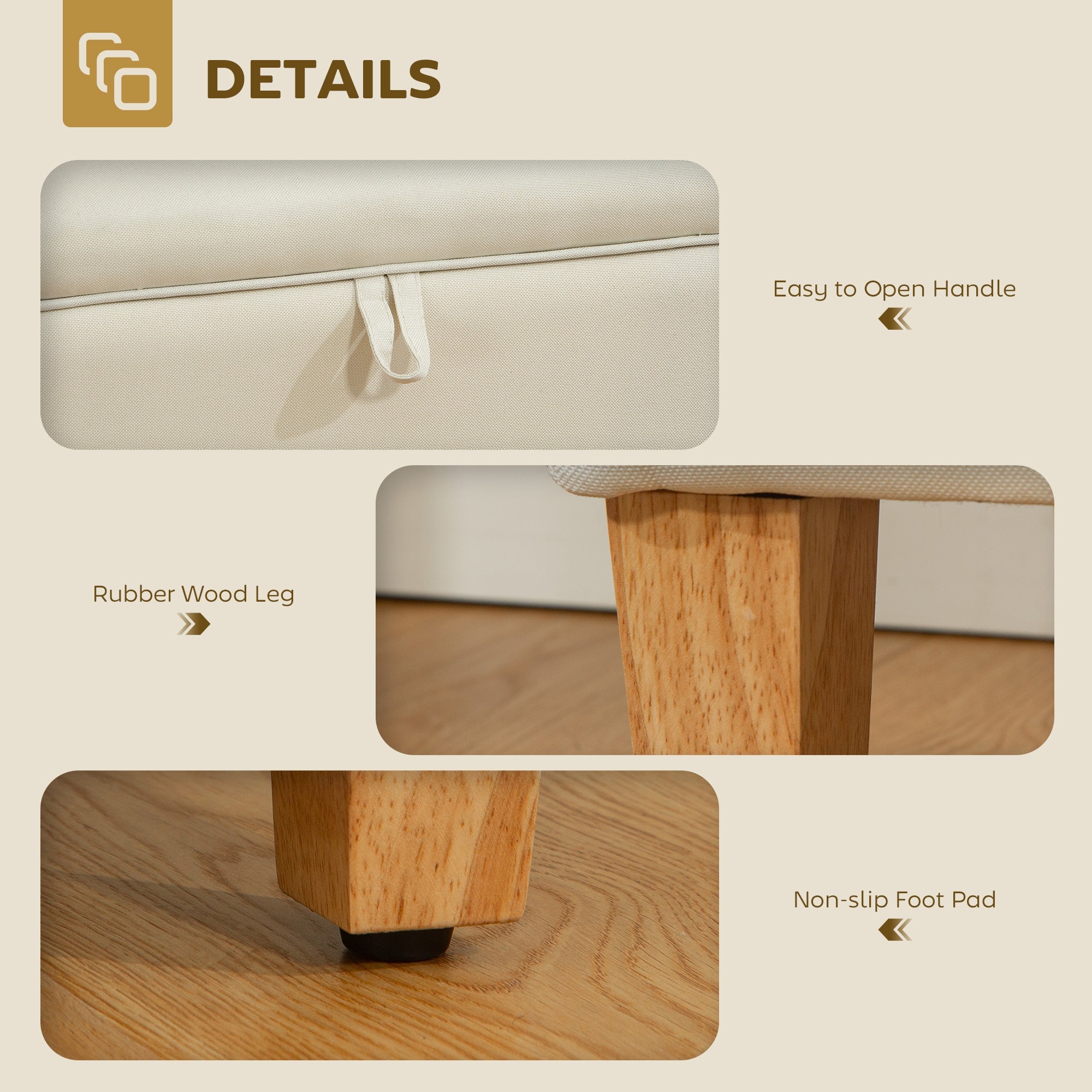 30L Linen Storage Ottoman Padded Footstool with Rubberwood Legs, Beige