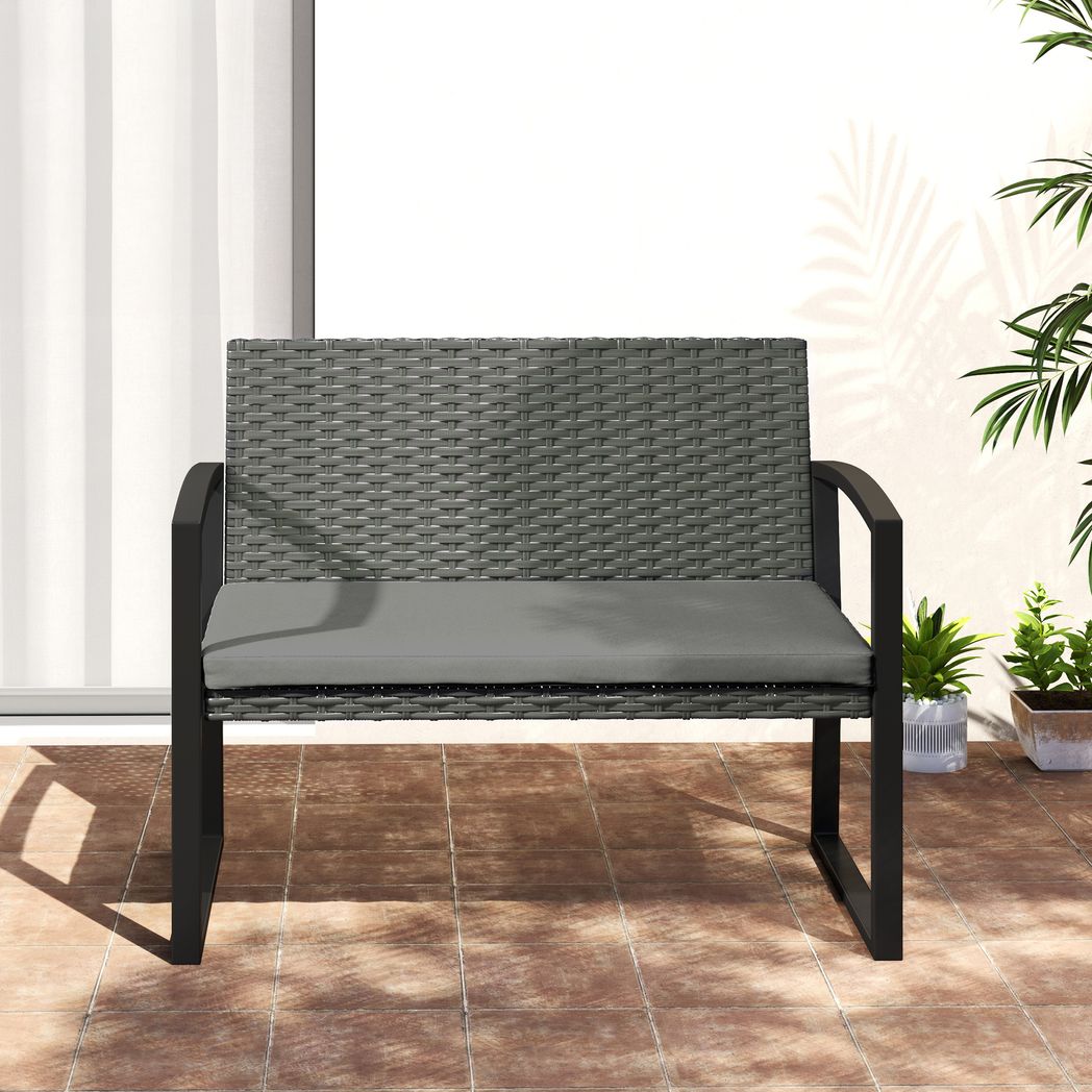2 Seater Rattan Garden Bench with Cushion, Steel Frame