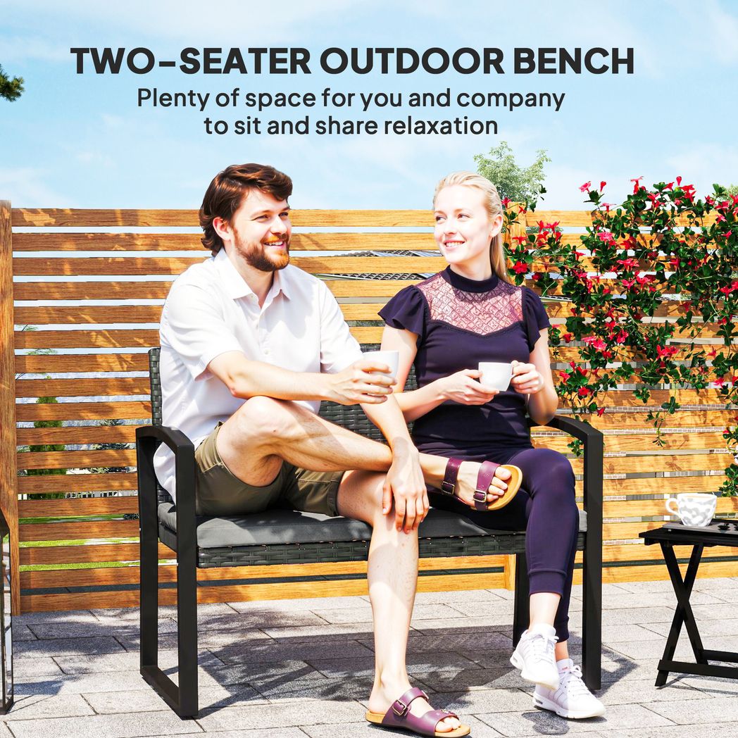 2 Seater Rattan Garden Bench with Cushion, Steel Frame