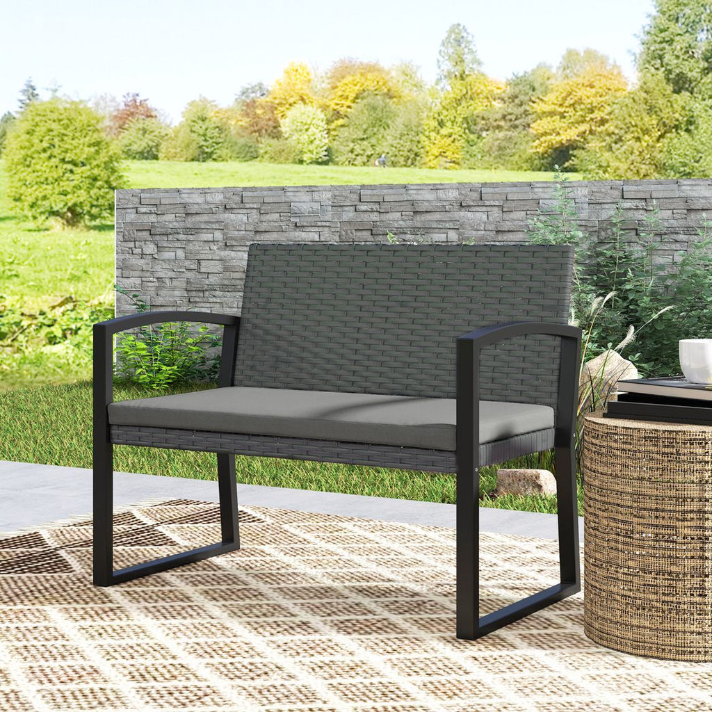 2 Seater Rattan Garden Bench with Cushion, Steel Frame