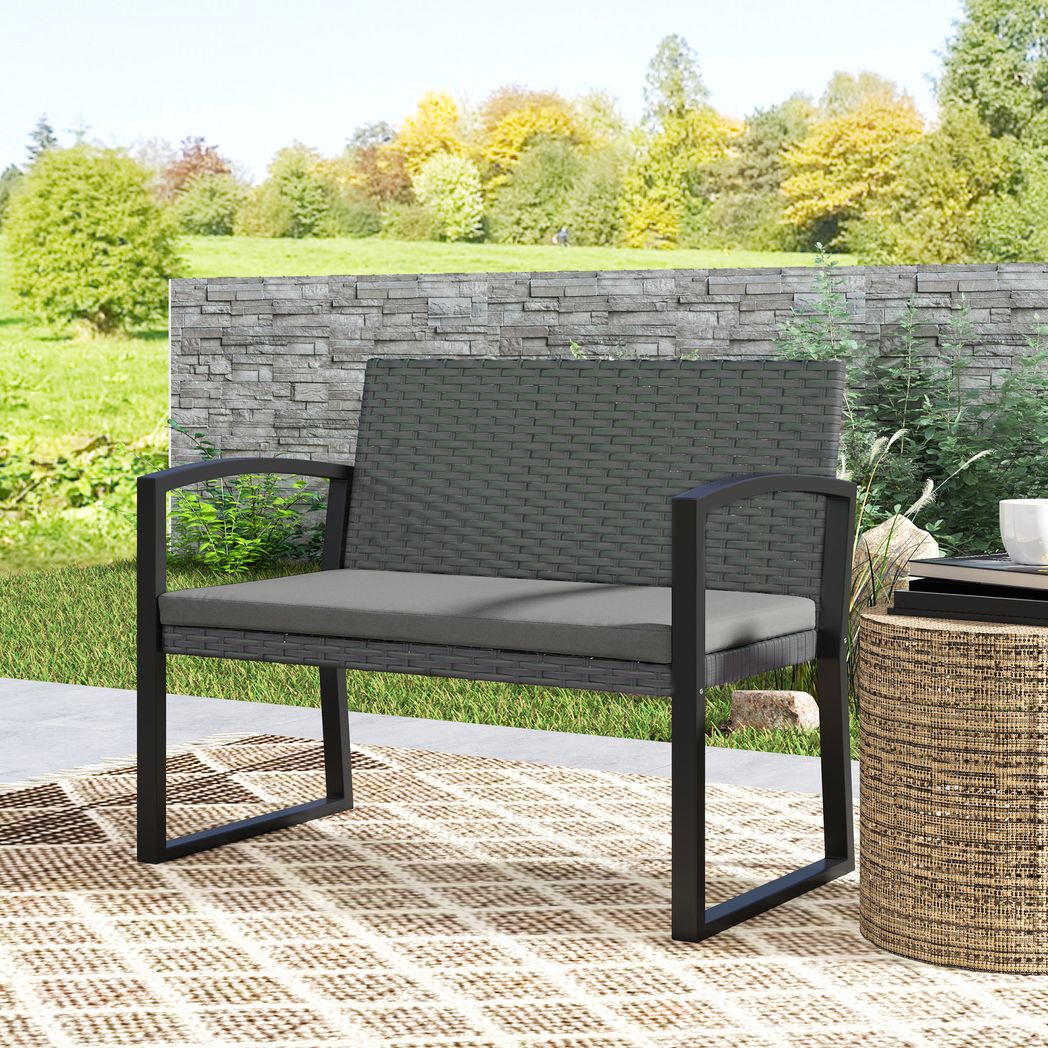 2 Seater Rattan Garden Bench with Cushion, Steel Frame