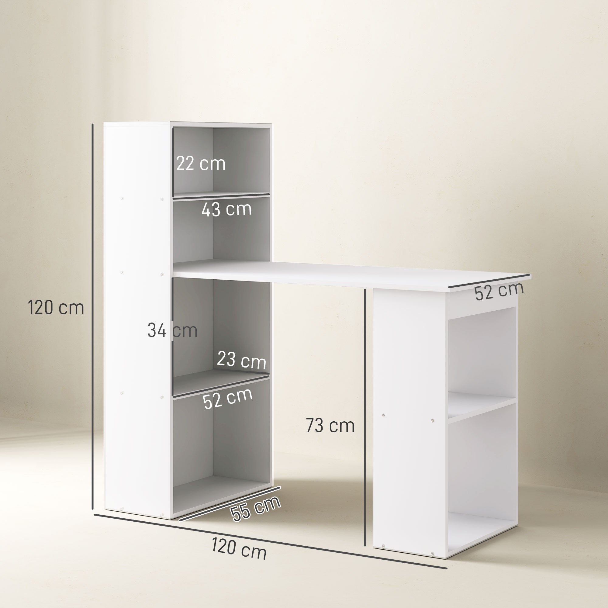 120cm Modern Computer Desk Bookshelf Study Table Workstation PC Laptop Writing Home Office 6 Shelves, White